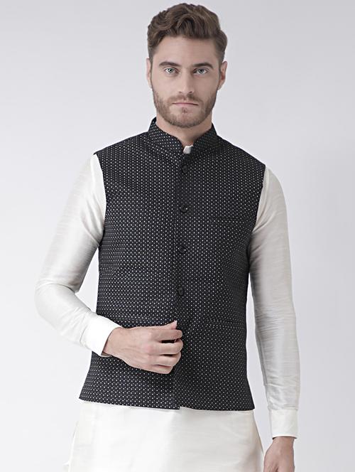 black linen polka dot print nehru jacket - 16527563 - Very Small Image - 1