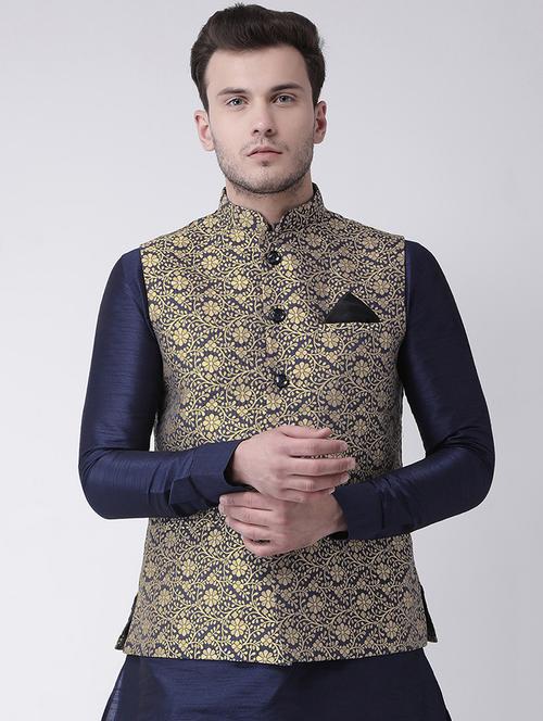 navy blue silk blend jacquard nehru jacket - 16527577 - Very Small Image - 1