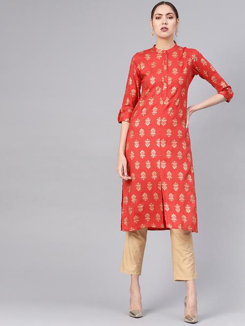 gold print straight kurta - 16528652 - Very Small Image - 1