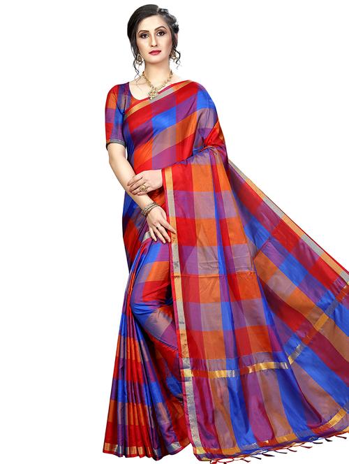 checkered banarasi saree with blouse - 16531848 - Very Small Image - 1