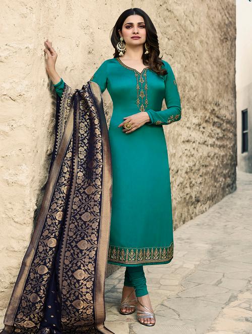 turquoise satin semistitched suit - 16532580 - Very Small Image - 1