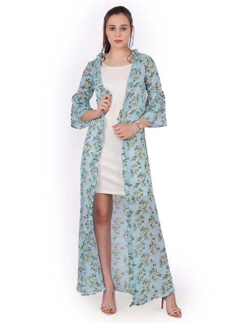 ruffle trim floral long line shrug - 16534175 - Very Small Image - 1