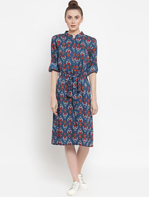 tie front mandarin neck a-line dress - 16539864 - Very Small Image - 1
