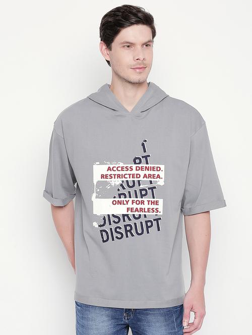 grey typographic chest print hooded t-shirt - 16540735 - Very Small Image - 1