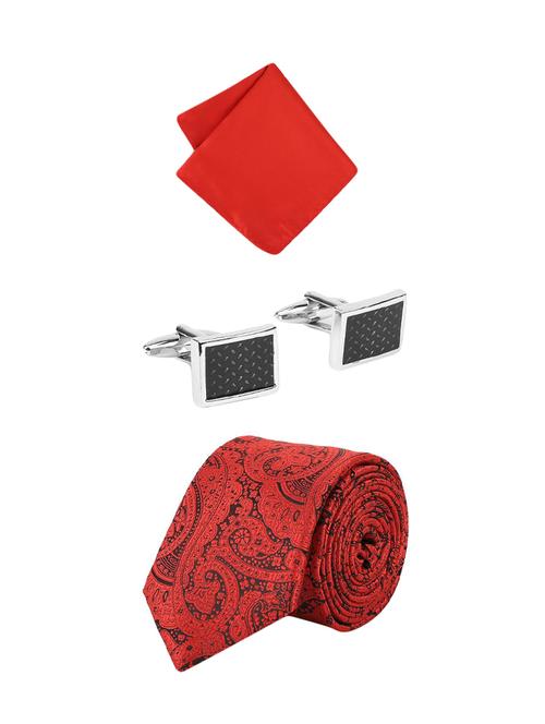 red microfiber and brass tie, pocket square and cuff links combo - 16541628 - Very Small Image - 1