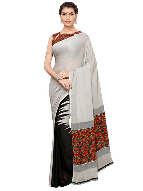 half & half printed saree with blouse - 16542810 - Very Small Image - 1