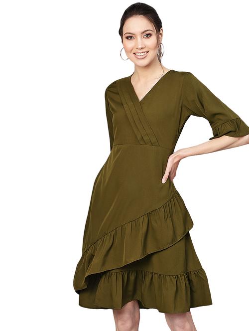 v-neck ruffle detail a-line dress - 16543114 - Very Small Image - 1
