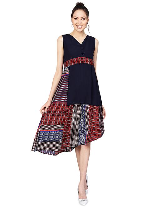 v neck color block asymmetric dress - 16543118 - Very Small Image - 1