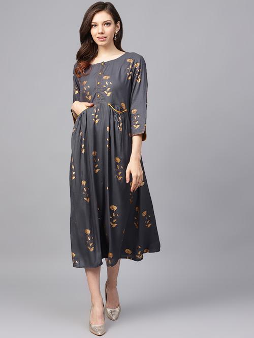 foil printed a-line ethnic dress - 16544966 - Very Small Image - 1