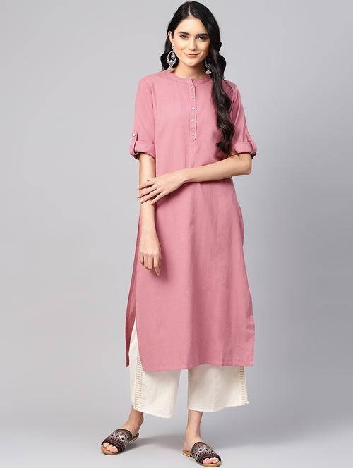 roll up sleeves solid straight kurta - 16544998 - Very Small Image - 1