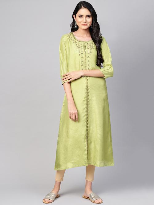 embroidered silk blend a-line kurta - 16545002 - Very Small Image - 1