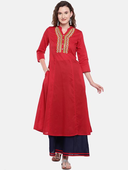 embroidered solid a-line kurta - 16545100 - Very Small Image - 1