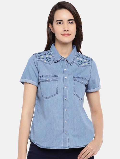 pocket patch embroidered denim shirt - 16545224 - Very Small Image - 1