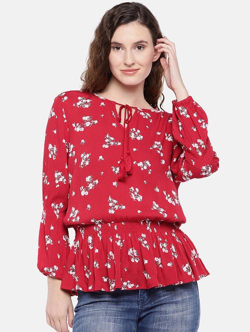 tassel tie up floral blouson top - 16545294 - Very Small Image - 1