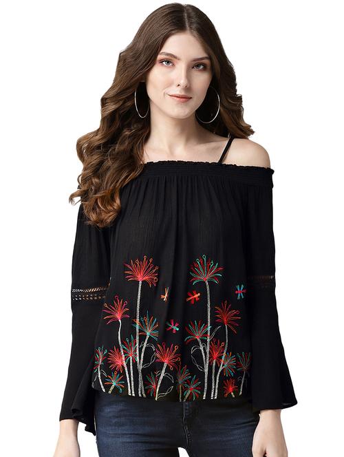 cold shoulder embroidered detail top - 16545761 - Very Small Image - 1