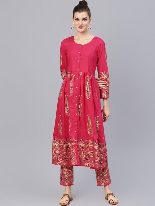 fuchsia cotton kurta pant set - 16546088 - Very Small Image - 1