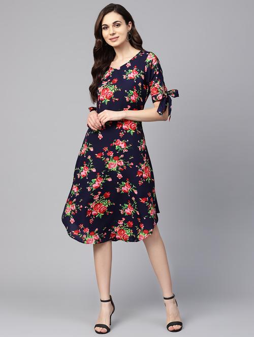 tie up sleeved floral a-line dress - 16546609 - Very Small Image - 1