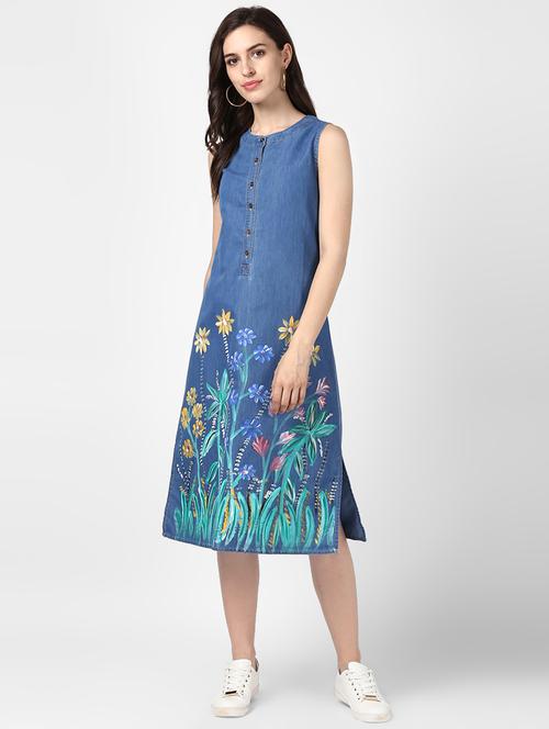 floral hand paint denim a-line dress - 16547649 - Very Small Image - 1