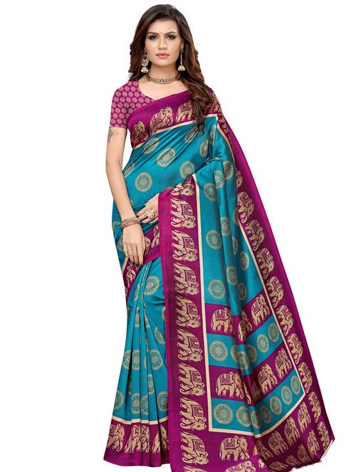 turquoise art silk printed saree with blouse - 16550483 - Very Small Image - 1