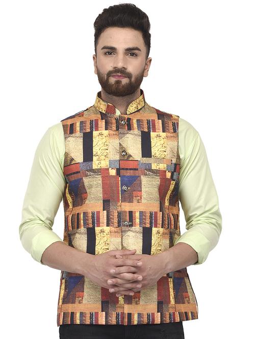 yellow printed nehru jacket - 16552121 - Very Small Image - 1