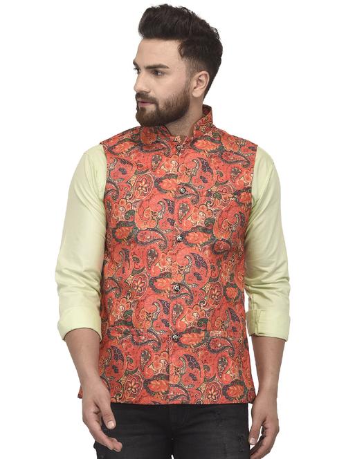orange printed nehru jacket - 16552123 - Very Small Image - 1