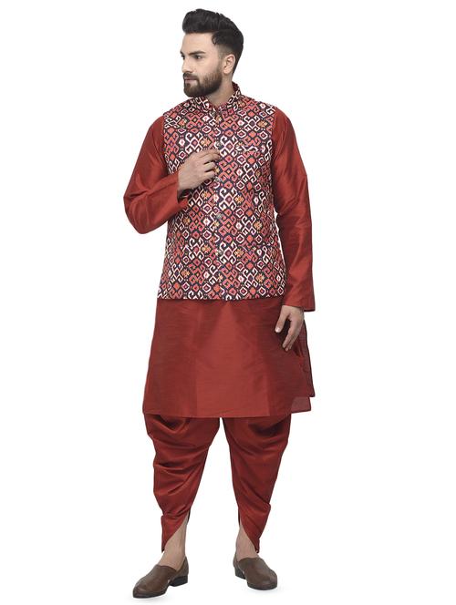 red solid dhoti kurta set with orange printed nehru jacket - 16553533 - Very Small Image - 1