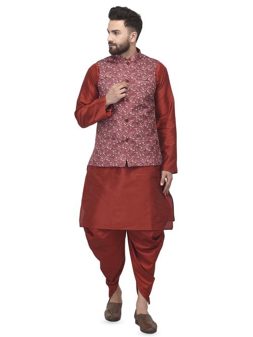red solid dhoti kurta set with maroon printed nehru jacket - 16553536 - Very Small Image - 1