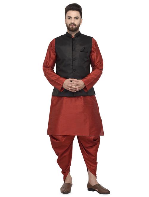 red solid dhoti kurta set with black solid nehru jacket - 16553537 - Very Small Image - 1
