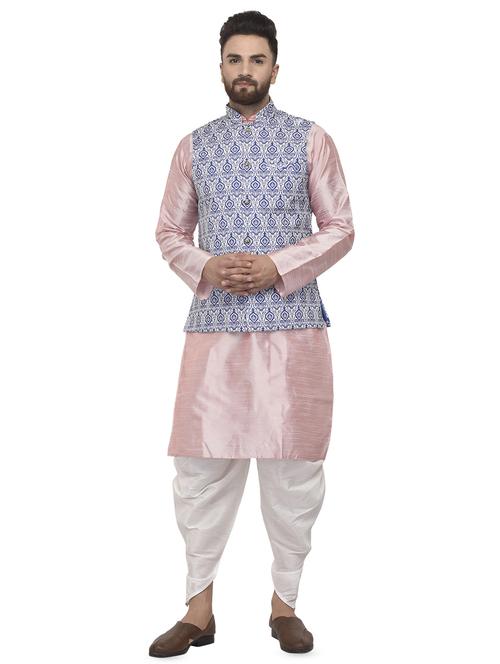 pink solid dhoti kurta set with blue printed nehru jacket - 16553547 - Very Small Image - 1
