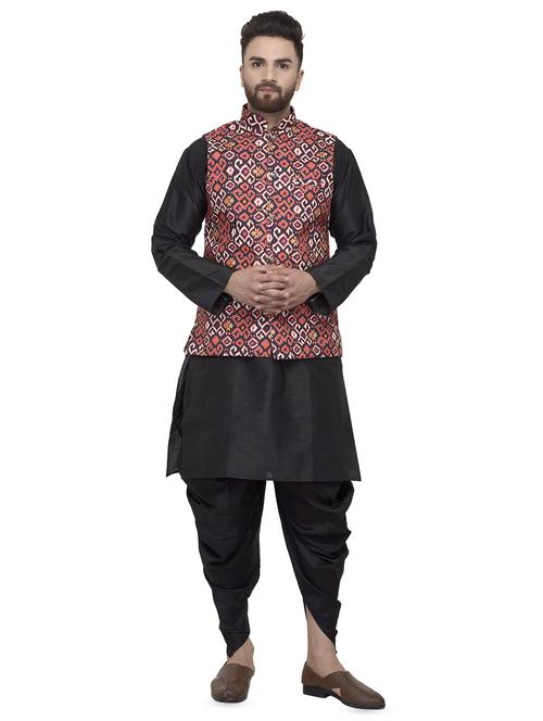 black solid dhoti kurta set with multi colored printed nehru jacket - 16553559 - Very Small Image - 1