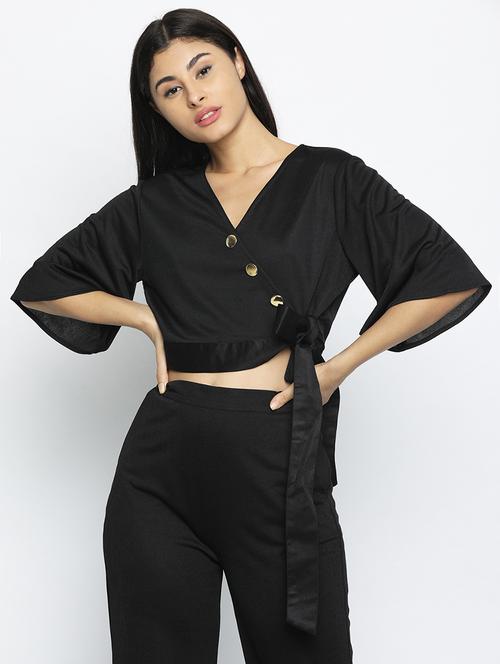 tie front solid crop top - 16553774 - Very Small Image - 1