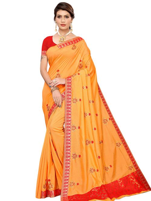 orange silk blend printed saree with blouse - 16554020 - Very Small Image - 1
