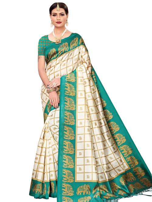 white silk blend printed saree with blouse - 16554026 - Very Small Image - 1