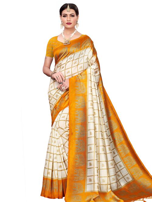 contrast bordered printed saree with blouse - 16554028 - Very Small Image - 1