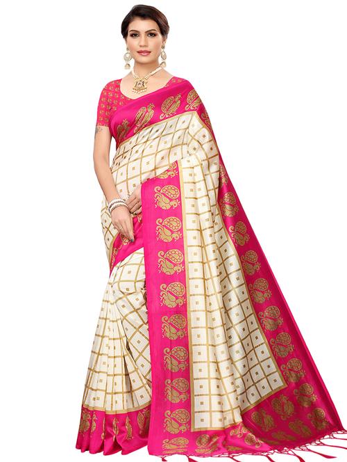 contrast bordered printed saree with blouse - 16554034 - Very Small Image - 1