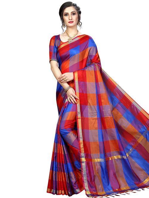 checkered printed saree with blouse - 16555122 - Very Small Image - 1