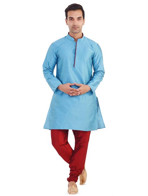 light blue silk blend jacquard kurta pyjama set - 16558429 - Very Small Image - 1