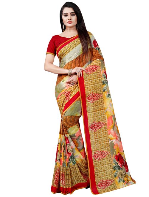 yellow georgette printed saree with blouse - 16560854 - Very Small Image - 1