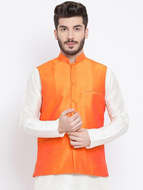 orange silk blend nehru jacket - 16561947 - Very Small Image - 1