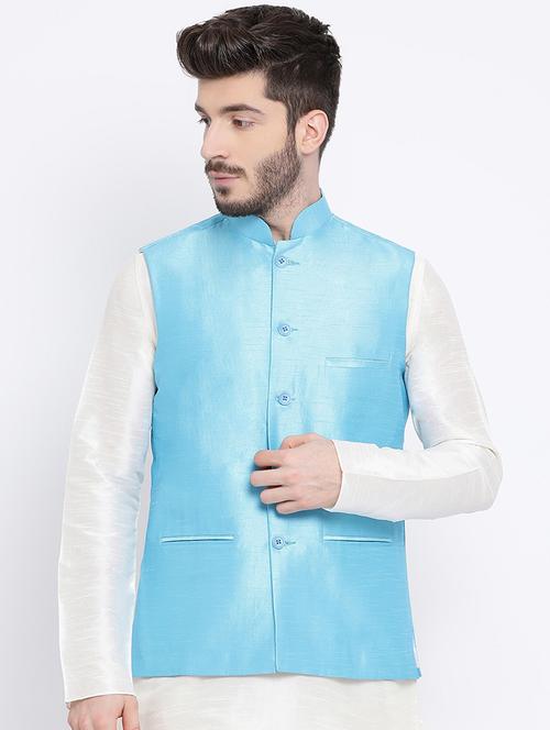 blue silk blend nehru jacket - 16561953 - Very Small Image - 1