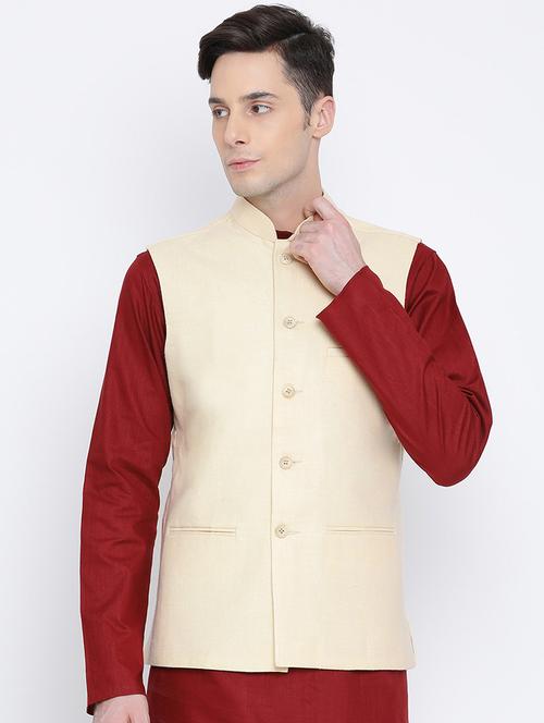 beige solid nehru jacket - 16561974 - Very Small Image - 1