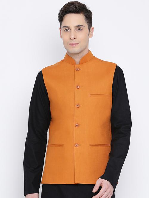 orange solid nehru jacket - 16561990 - Very Small Image - 1