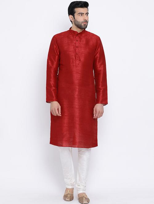 red pure silk kurta pyjama set - 16562098 - Very Small Image - 1