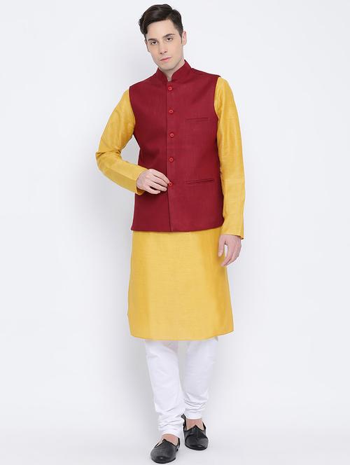 yellow kurta pyjama set with nehru jacket - 16562384 - Very Small Image - 1