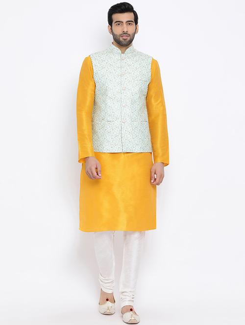 yellow pure silk kurta pyjama set with nehru jacket - 16562400 - Very Small Image - 1