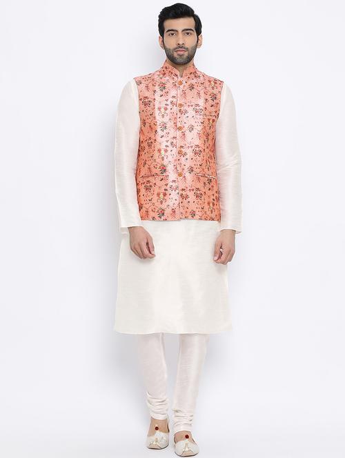 white silk blend kurta pyjama set with nehru jacket - 16562405 - Very Small Image - 1