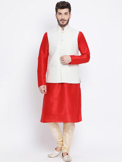 red kurta pyjama set with nehru jacket - 16562406 - Very Small Image - 1