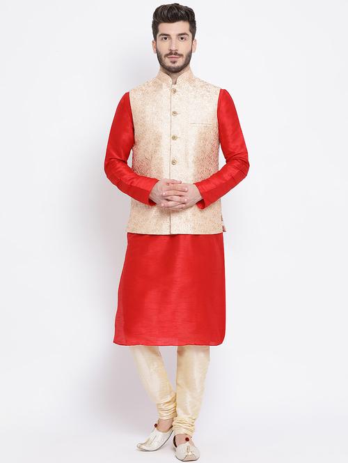 red kurta pyjama set with nehru jacket - 16562407 - Very Small Image - 1