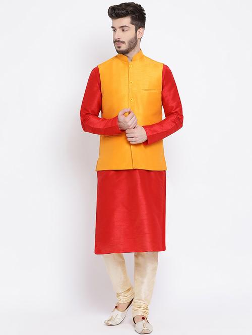 red kurta pyjama set with nehru jacket - 16562408 - Very Small Image - 1