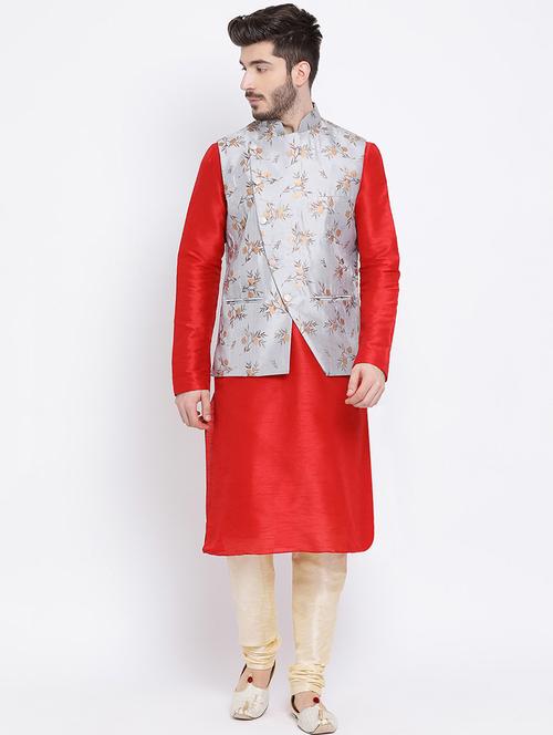 red pure silk kurta pyjama set with nehru jacket - 16562413 - Very Small Image - 1